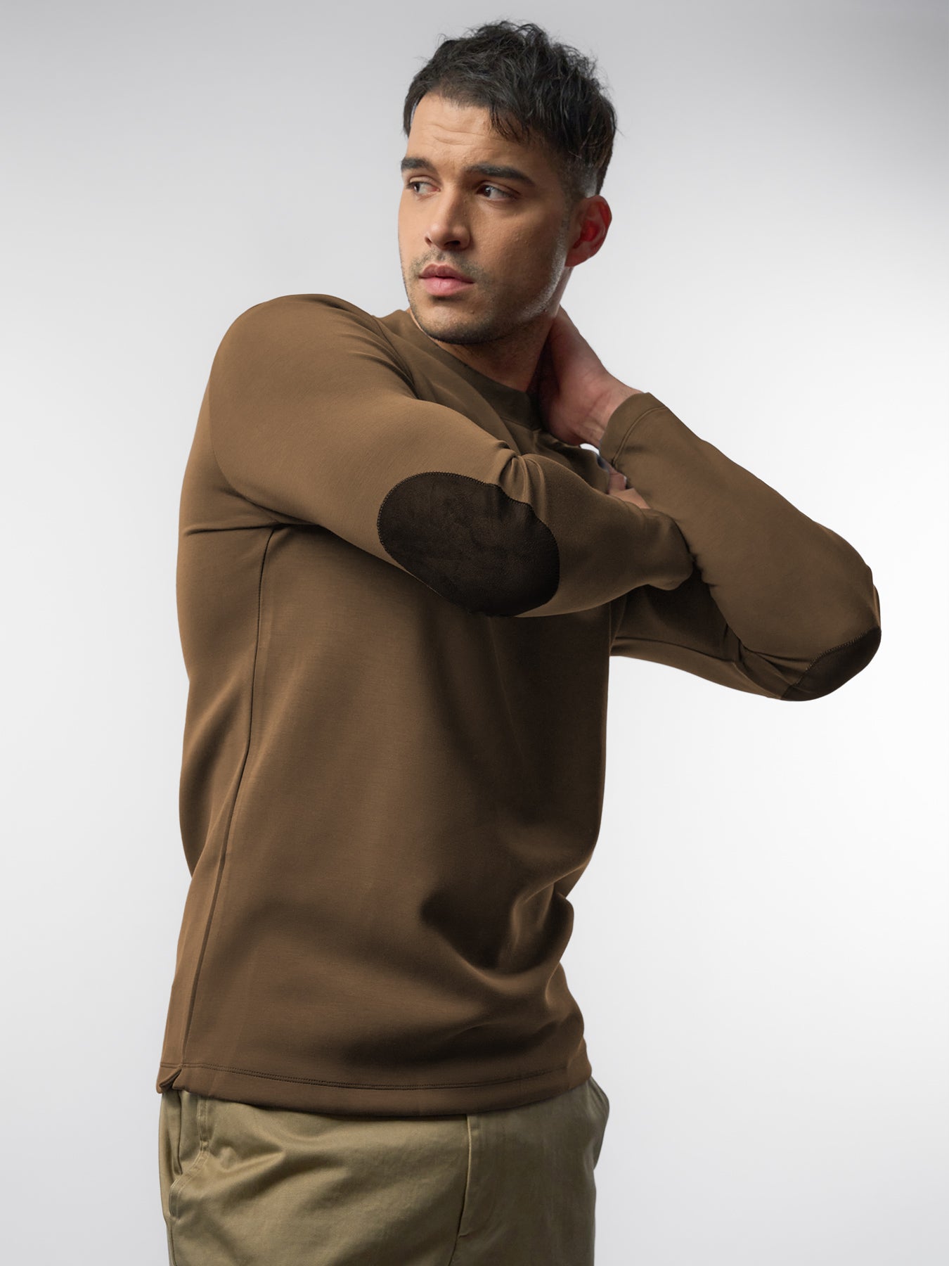 Modal Blend Elbow Patch Long Sleeve Tee:Slim Fit
