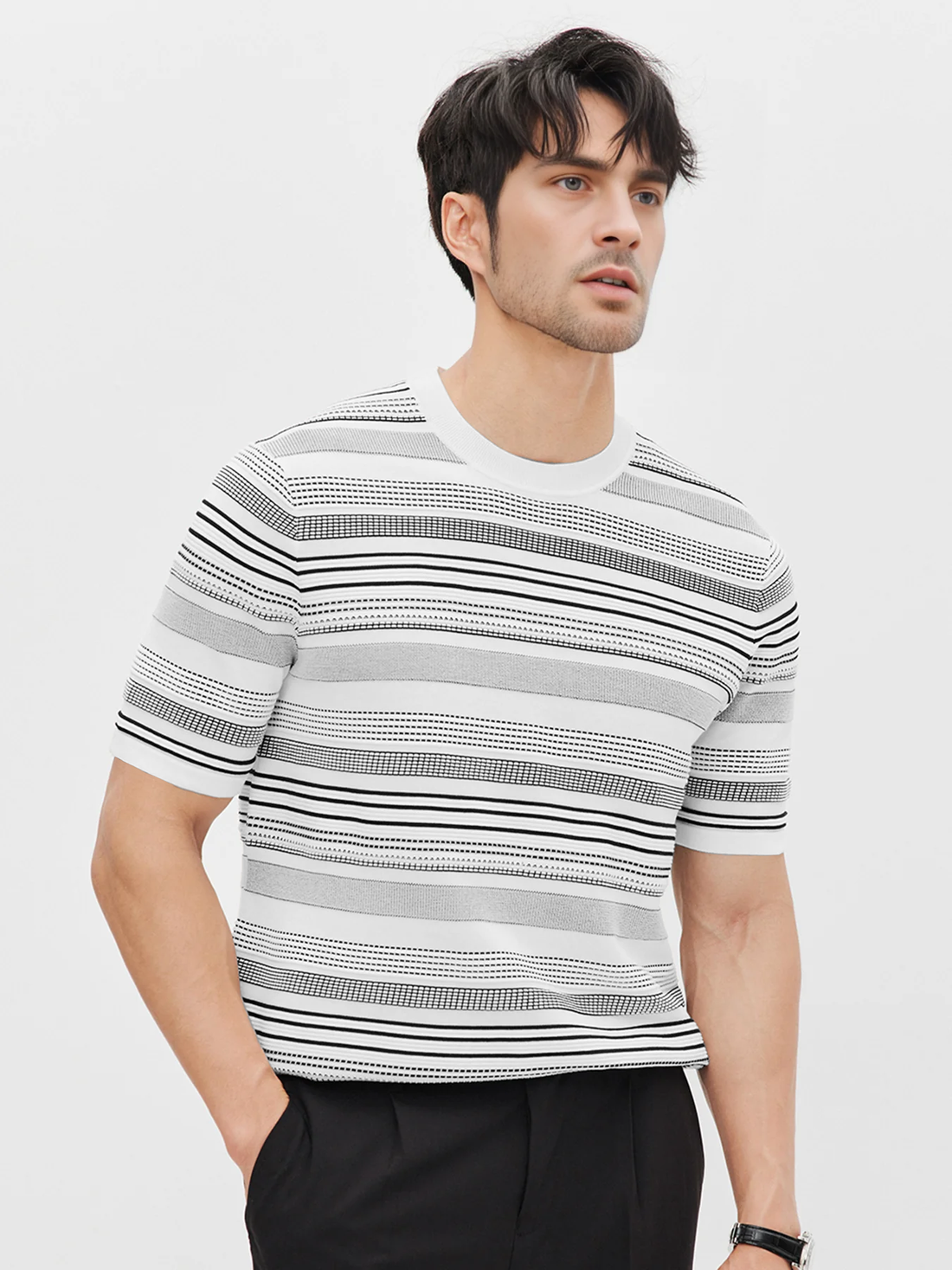 CoolKnit Breathable Striped Short Sleeve Knitted T-Shirt |