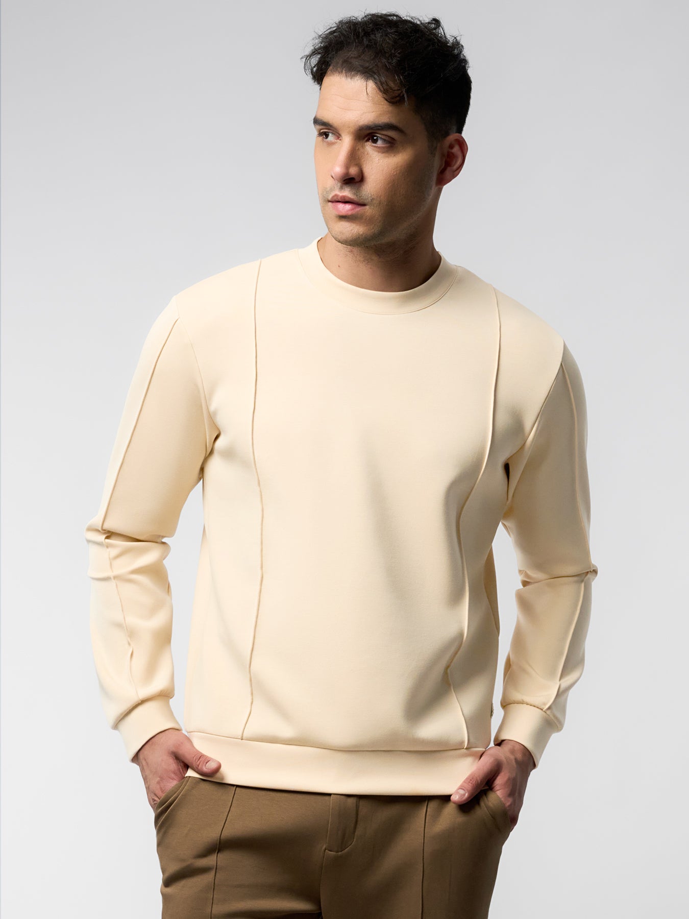 Modal Blend Crew Neck Sweatshirt Panel Stitching Design