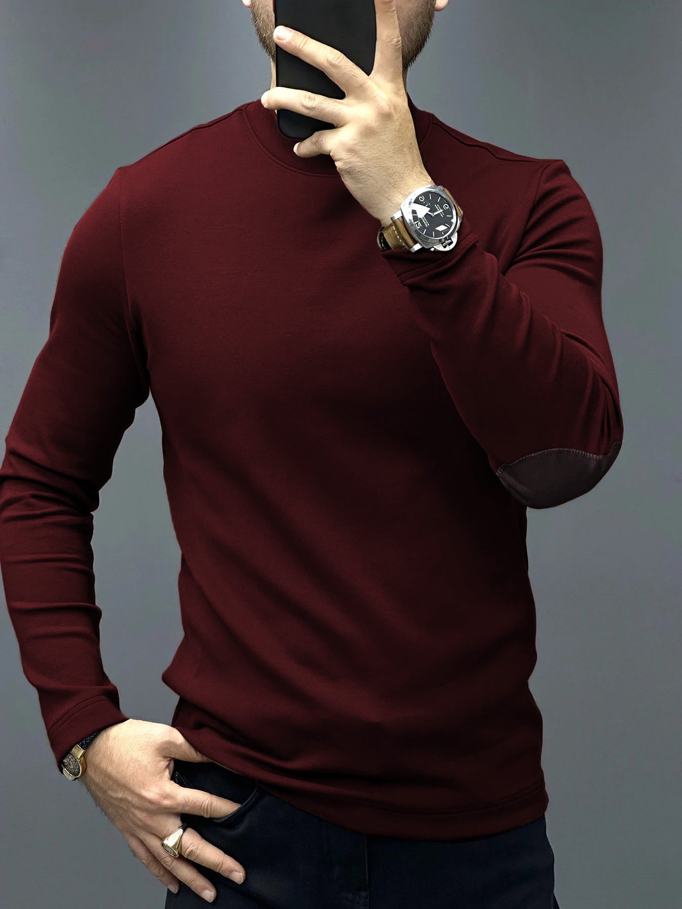 Modal Blend Elbow Patch Long Sleeve Tee:Slim Fit