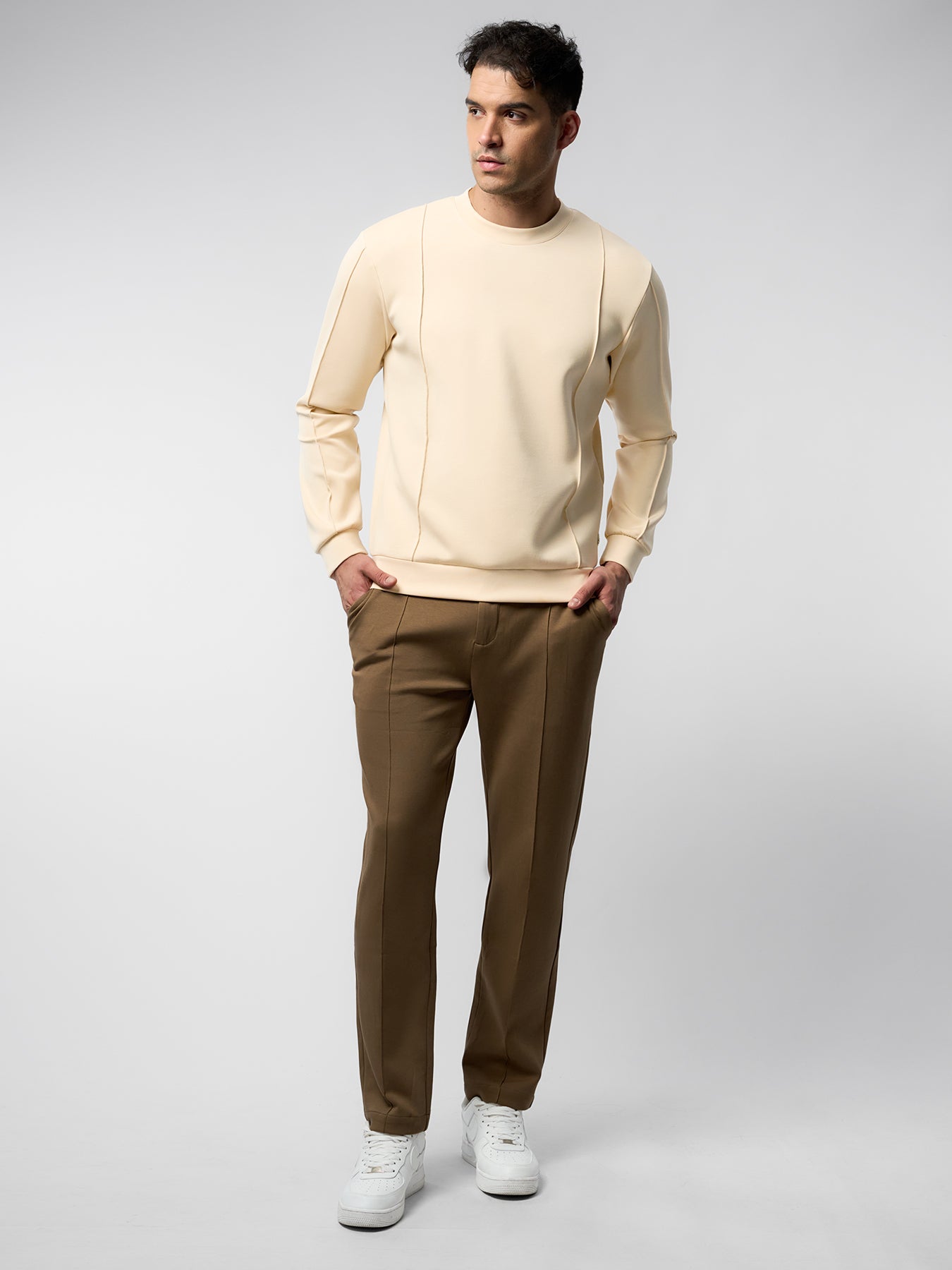 Modal Blend Crew Neck Sweatshirt Panel Stitching Design