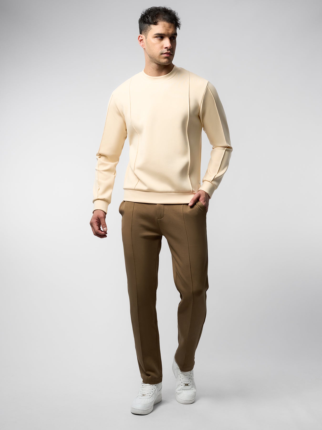 Modal Blend Crew Neck Sweatshirt Panel Stitching Design