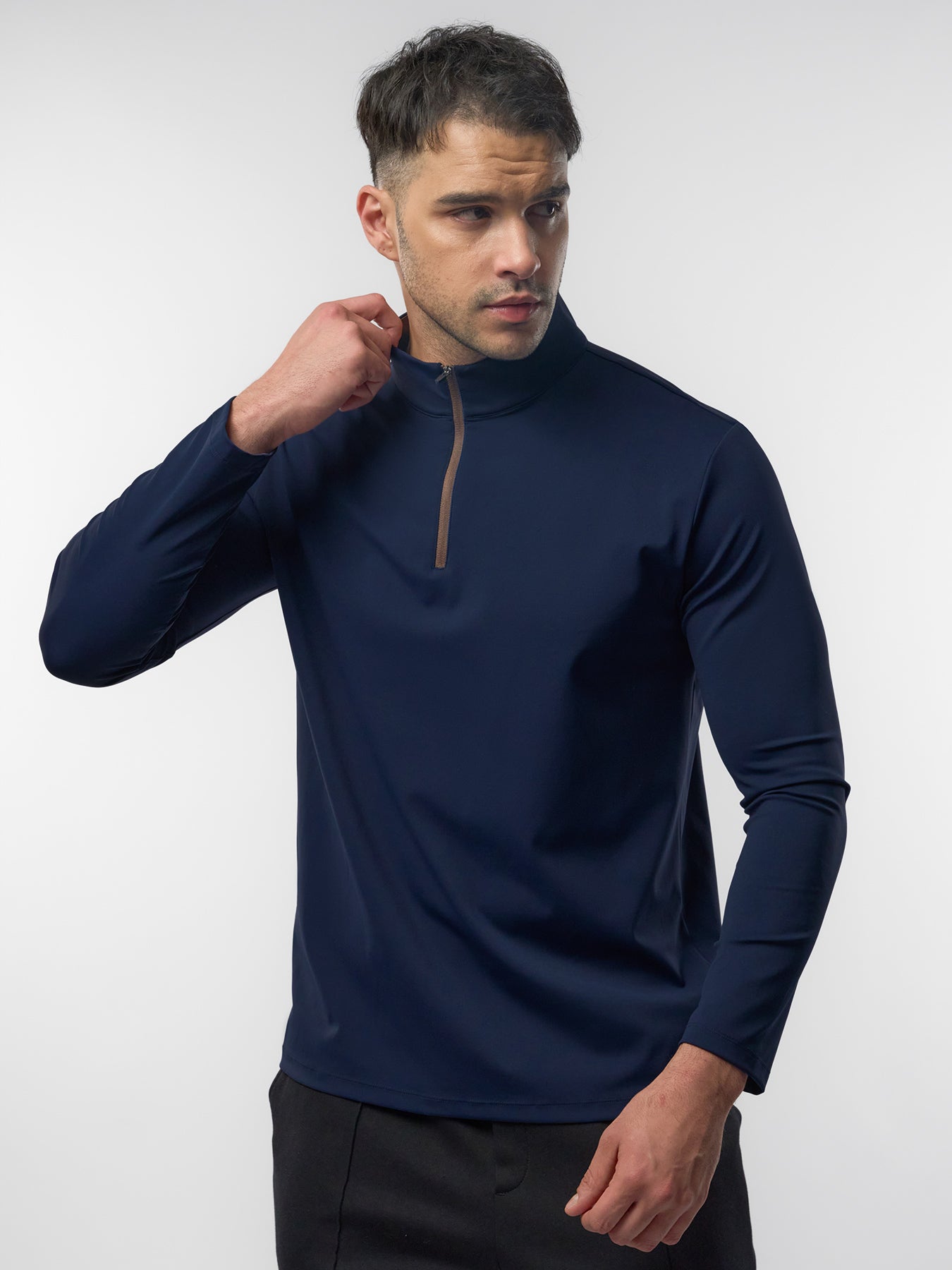 SmoothBlend Slim Fit Half Zip Mock Neck Tee: Zip Contrast Color