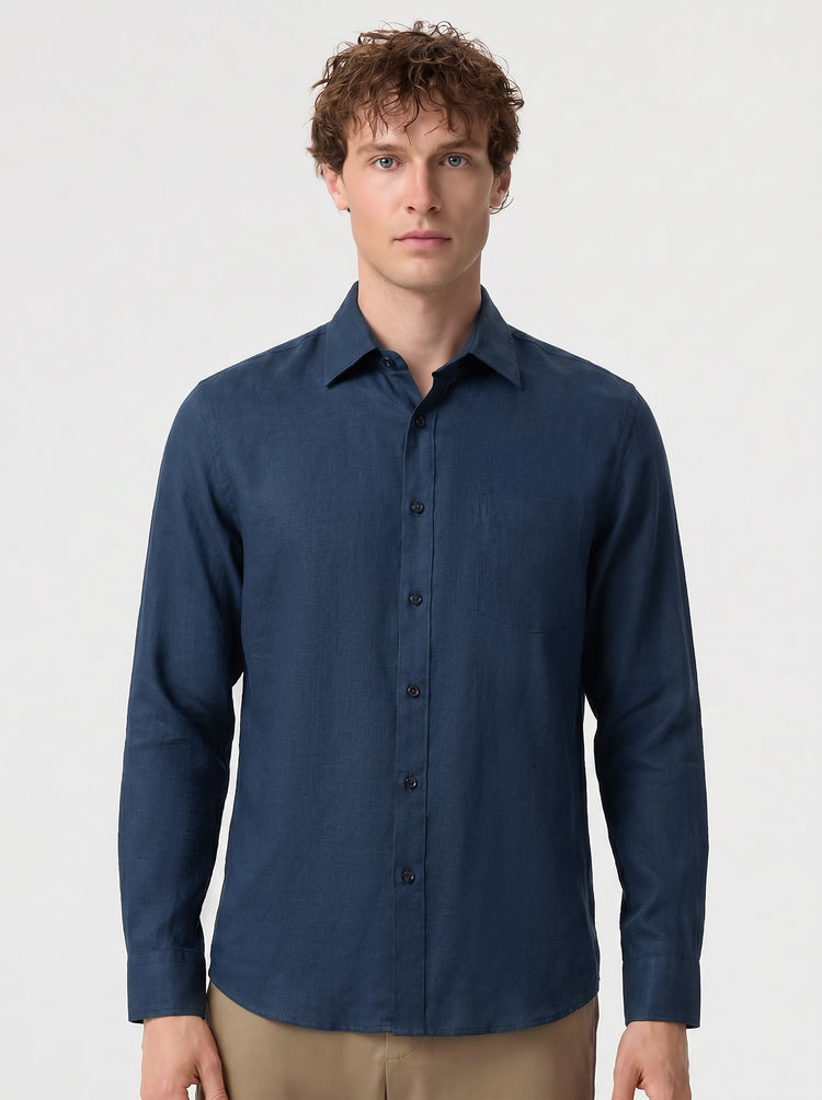 Natural Linen Long Sleeve Pocket Shirt | 