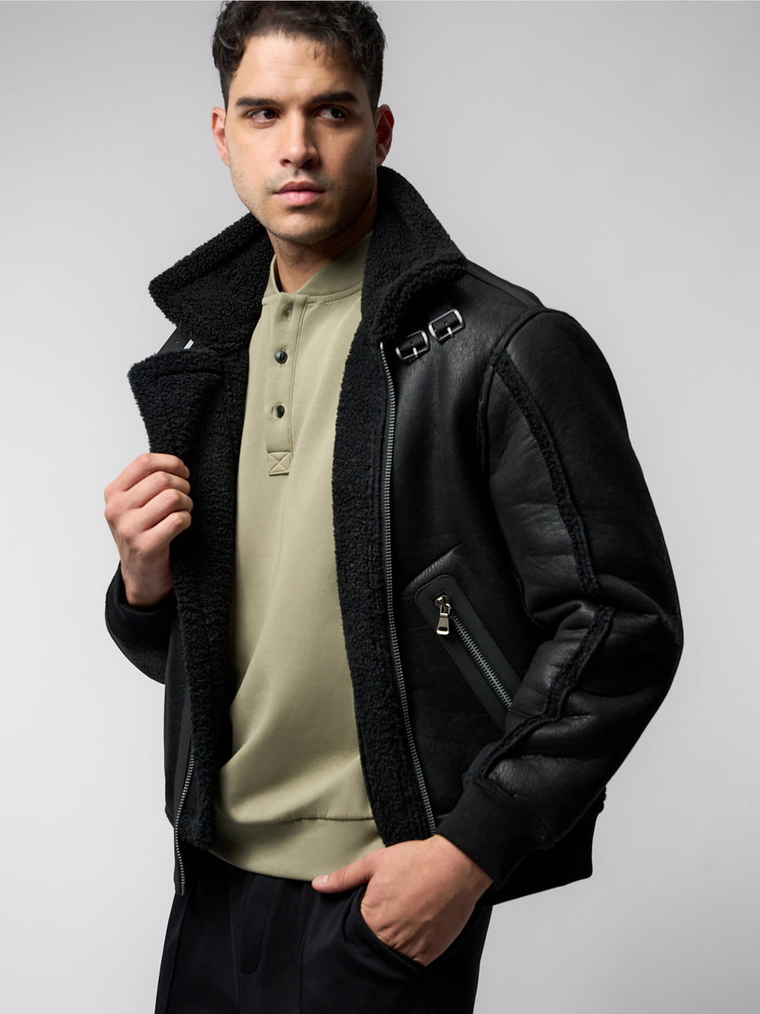 ‌Reversible Faux Shearling Zip Up Windproof High Collar Jacket‌ | 