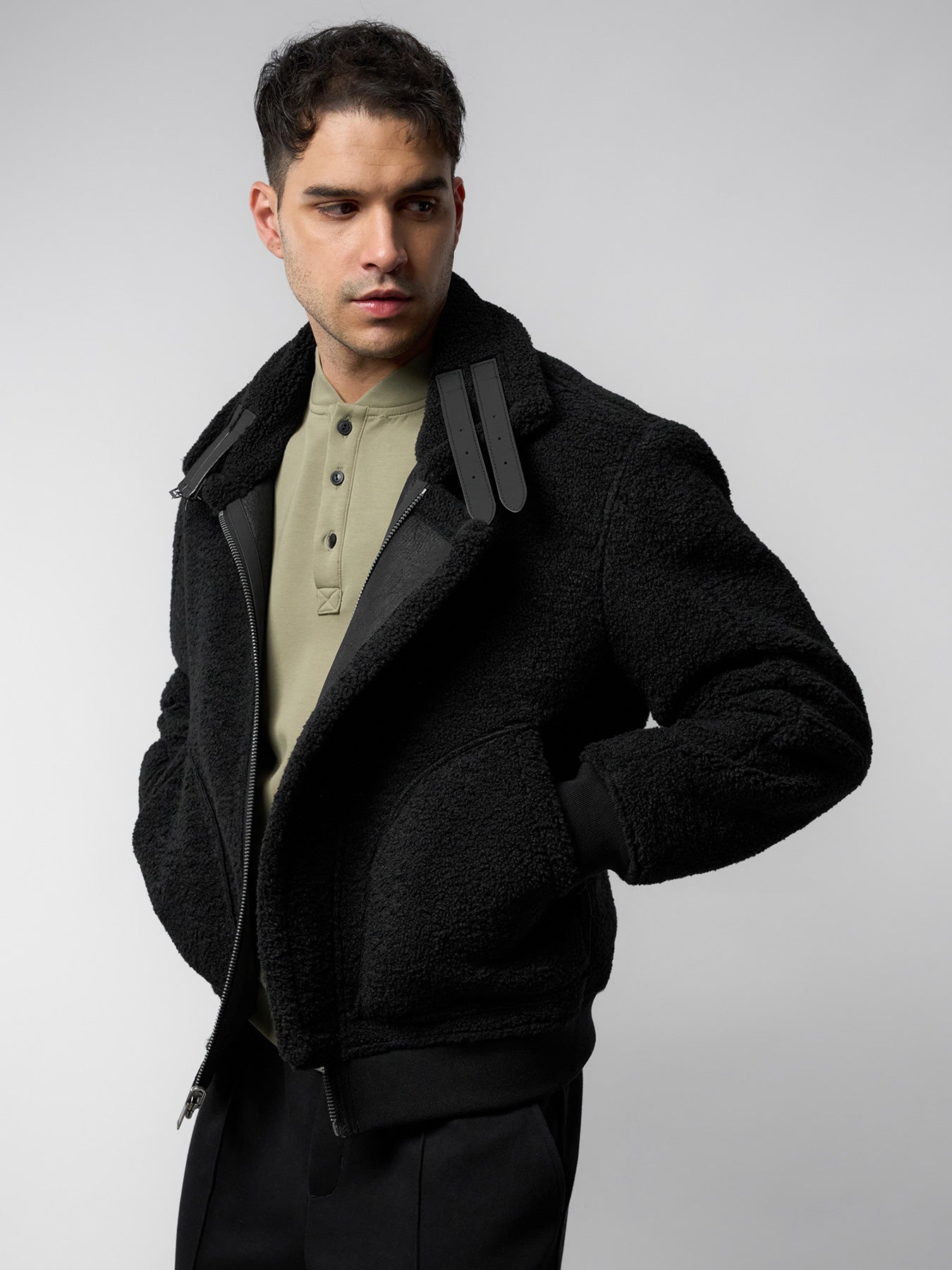 ‌Reversible Faux Shearling Zip Up Windproof High Collar Jacket‌