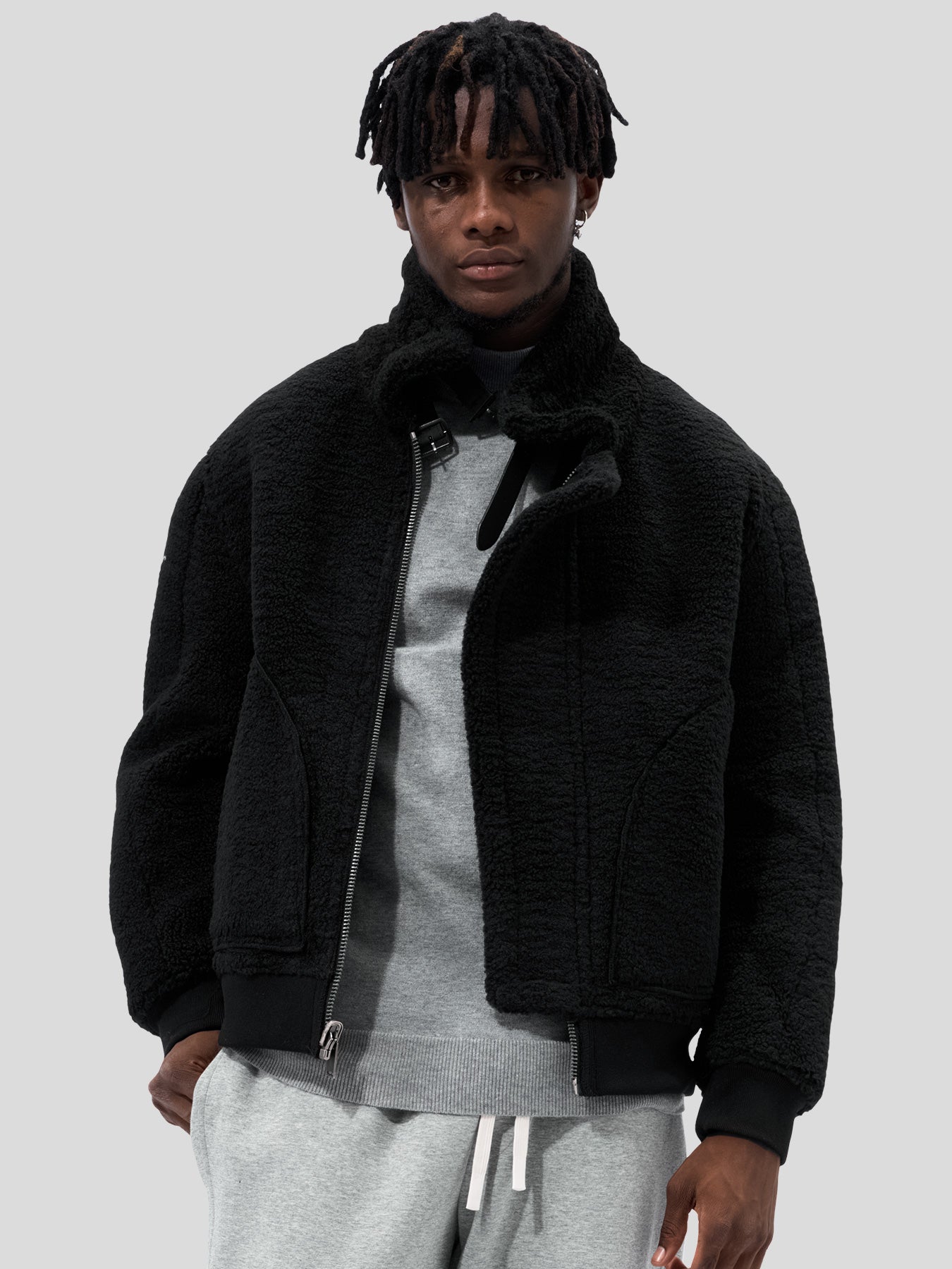 ‌Reversible Faux Shearling Zip Up Windproof High Collar Jacket‌