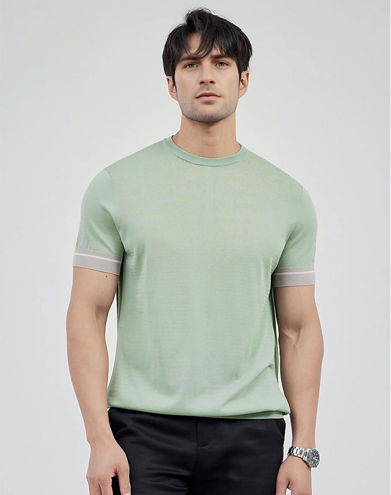 CoolKnit Color Blocked Cuffs Short Sleeve Knitted T-Shirt | 