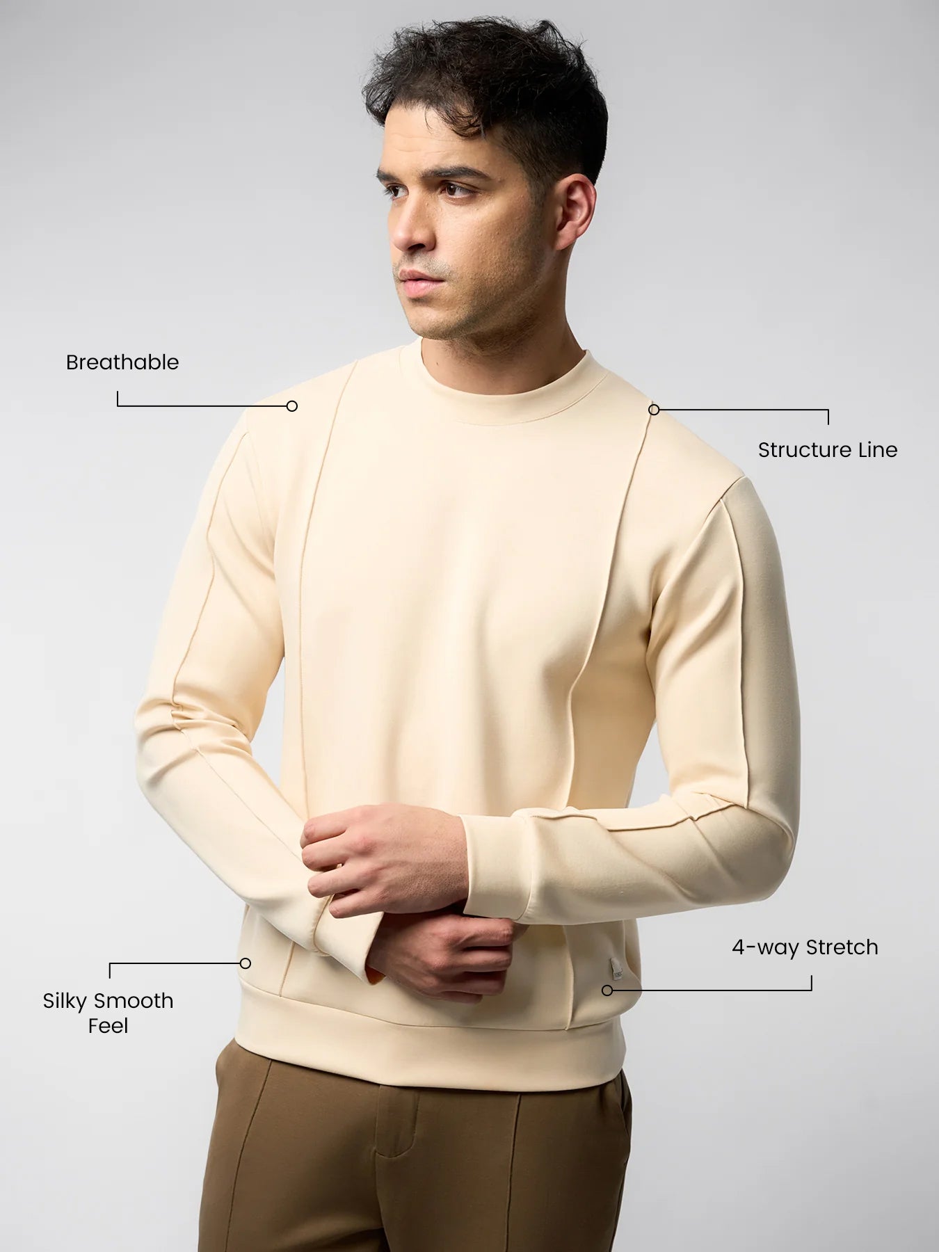 Modal Blend Crew Neck Sweatshirt Panel Stitching Design