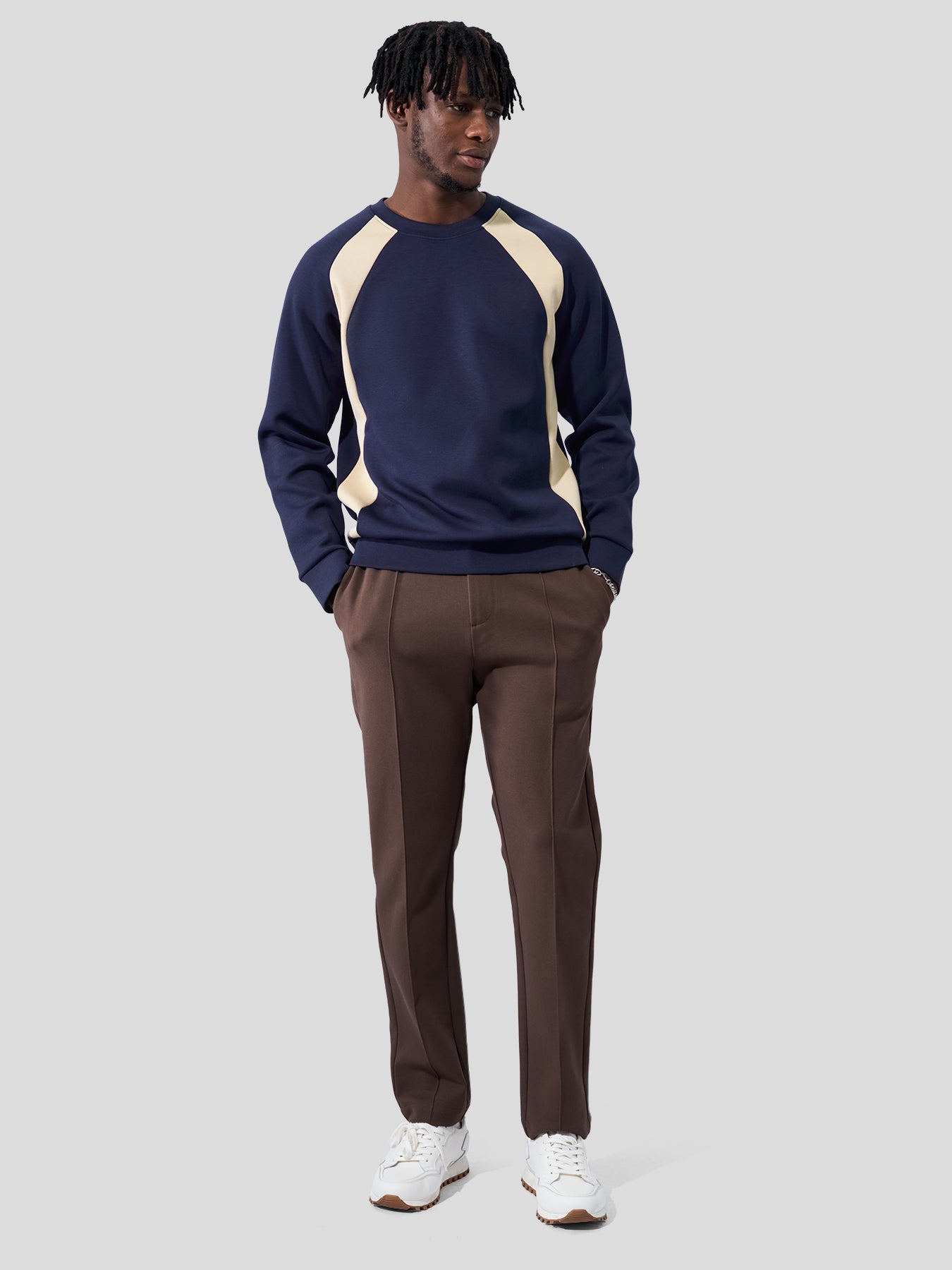 Modal Blend Crew Neck Contrast Color Sweatshirt Stretch