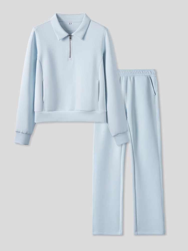 Women Modal Blend Collared Zip Tee And Drawstring Flare Pants Set | 