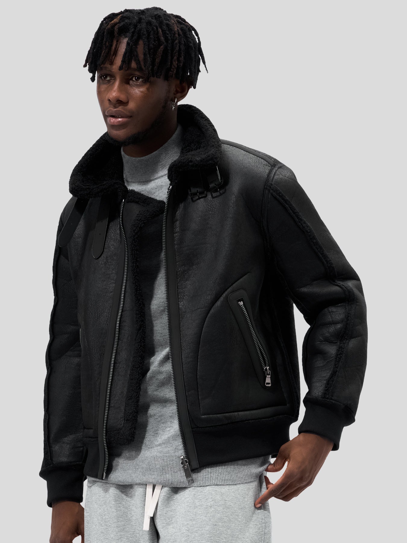 ‌Reversible Faux Shearling Zip Up Windproof High Collar Jacket‌