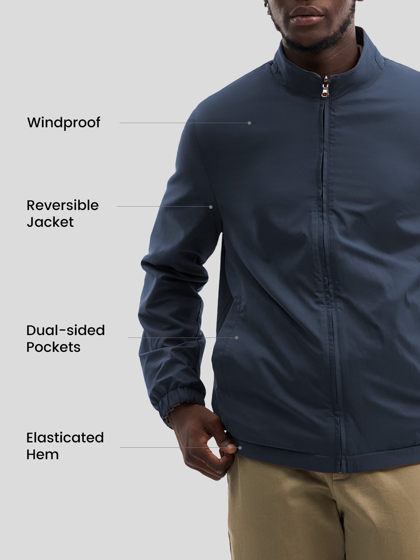Reversible Windproof Half High Collar Zip Jacket
