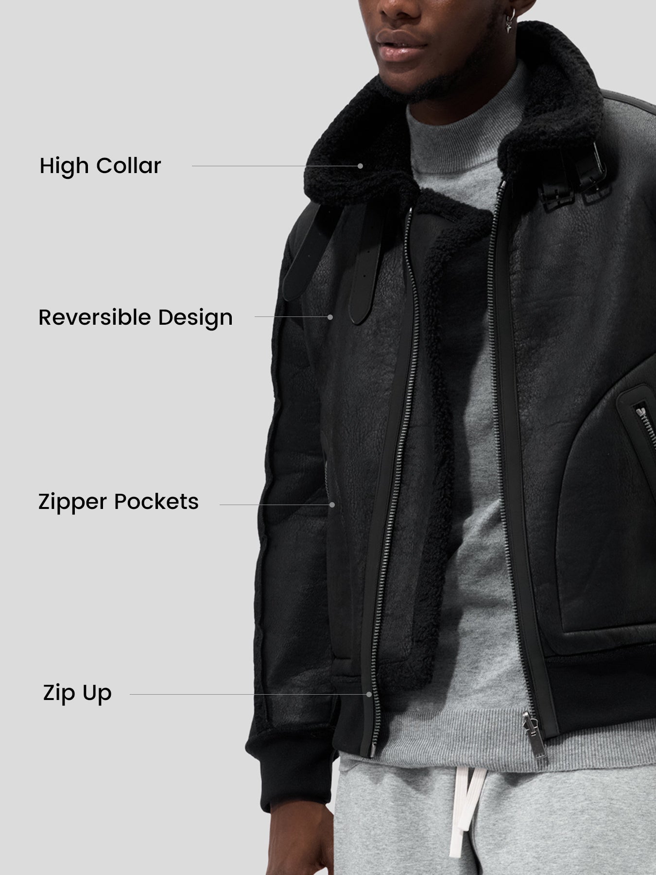 ‌Reversible Faux Shearling Zip Up Windproof High Collar Jacket‌